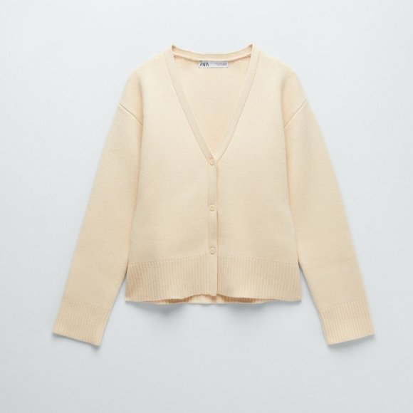 Zara Knit Ribbed Boxy Cardigan Jacket Cream Size Small - Picture 3 of 7